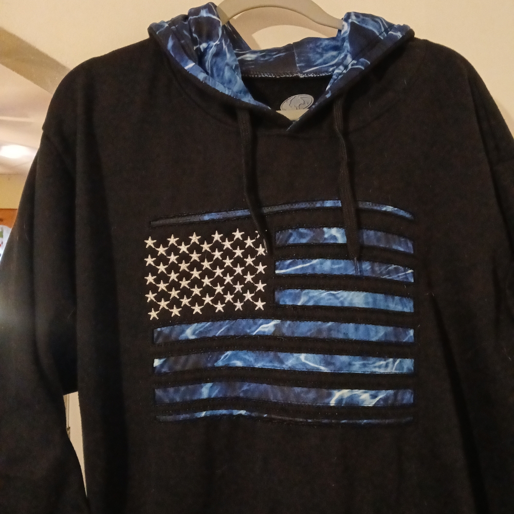 Black Hoodie with Tie Dye Blue Design Flag & Hood. - Picture 9 of 9